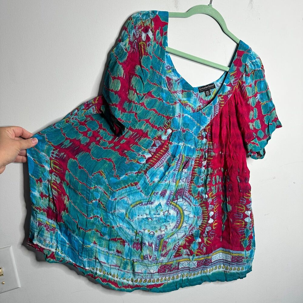 Greater Good Hippy Top Blouse Turquoise Magenta Boho Pattern V-Neck Size 2XL